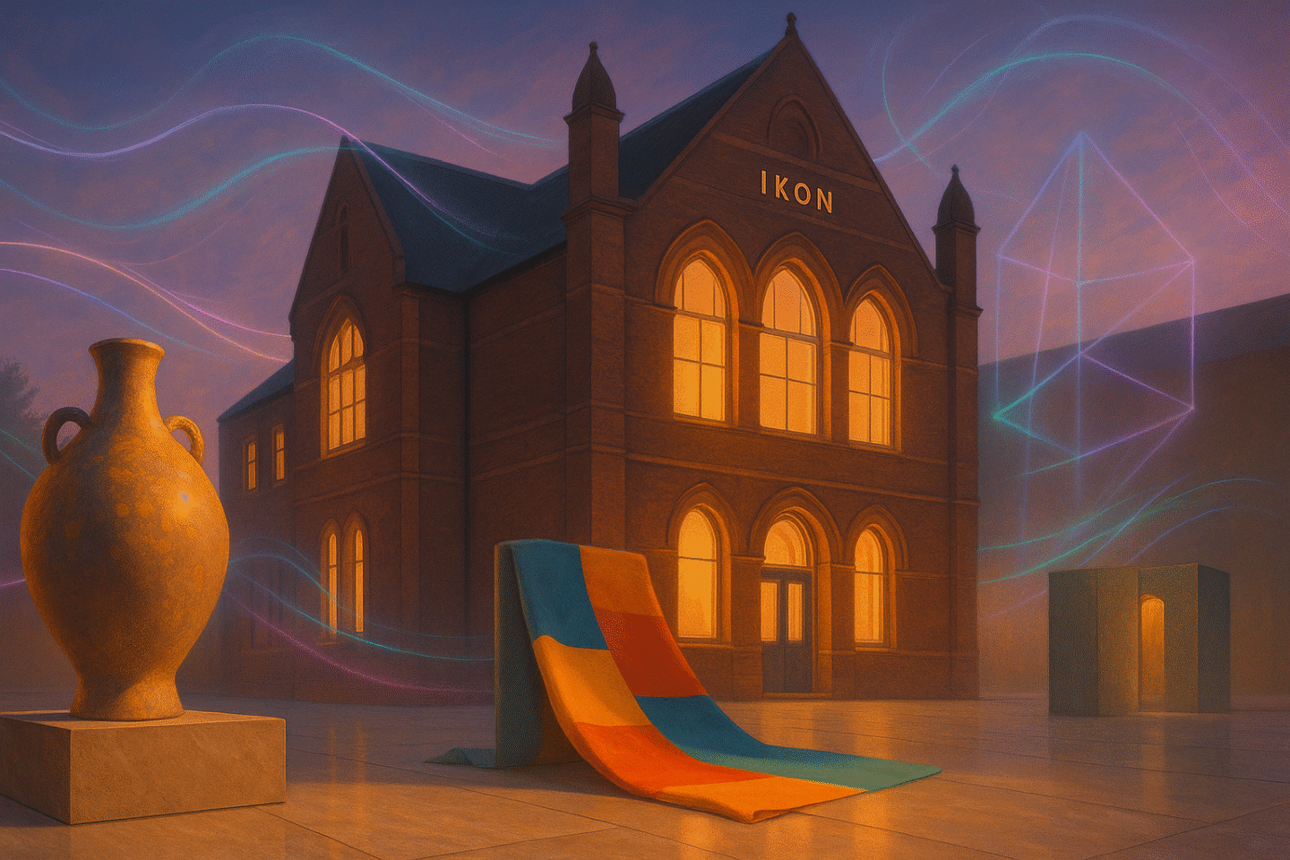 birmingham-art-exhibitions-2025-2026-ikon-eastside-projects-1440x960-1 twilight Ikon Gallery scene with holographic lighting and textiles