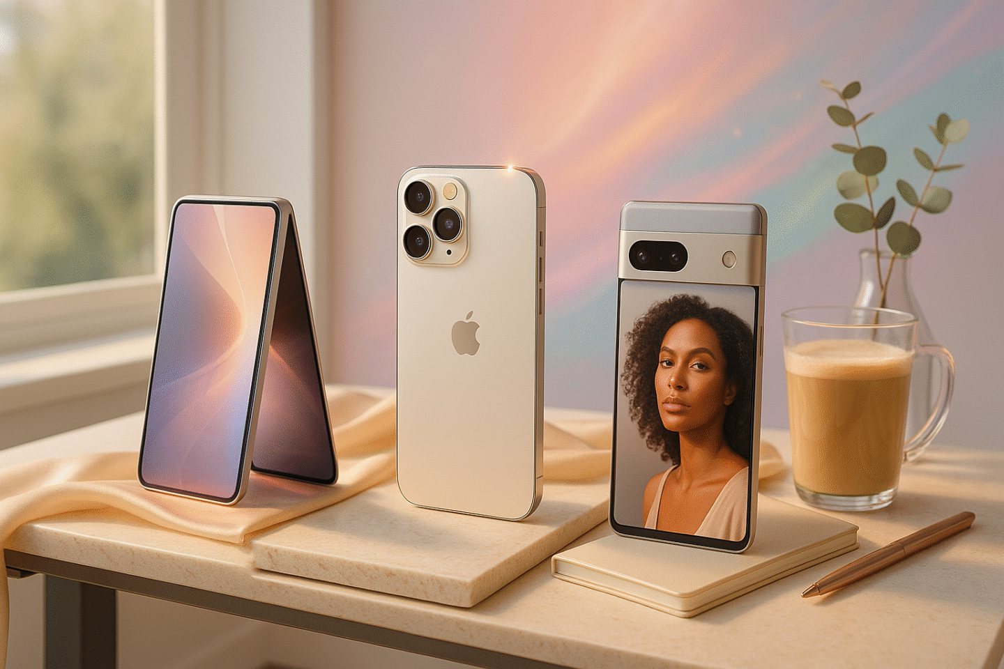 editorial-photo-of-the-best-smartphones-for-creators-in-2026-featurin-1440x960-1 Editorial photo of the best smartphones for creators in 2026, featuring iPhone 17 Pro, Honor Magic V5 foldable, and Google Pixel 10 with cosmic pastel backdrop.