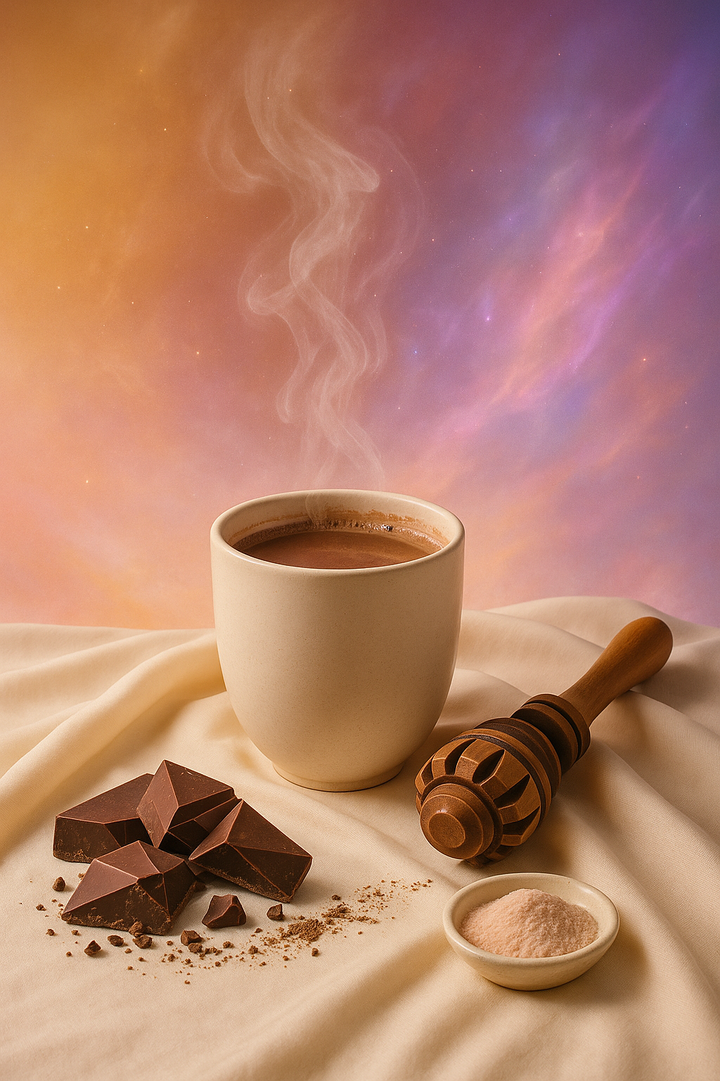 modern-cacao-ceremony-still-life-molinillo-cream-aura Modern still-life of a ceramic cacao cup with a molinillo whisk on cream silk, glowing with a subtle cosmic aura.